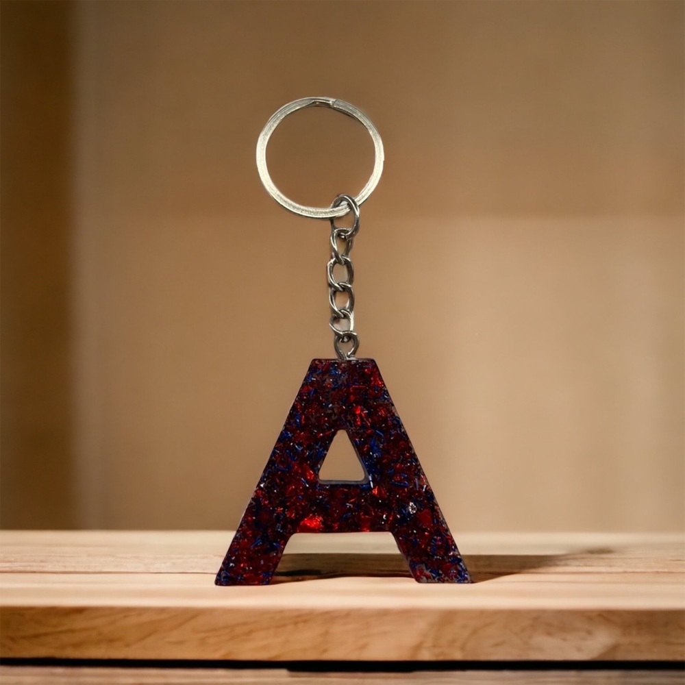 Handmade Letter “A” Blue & Red Foil Flakes Resin Keychain Ring